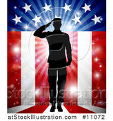 Vector Illustration of a Silhouetted Full Length Male Military Veteran Saluting over an American Themed Flag and Bursts by AtStockIllustration