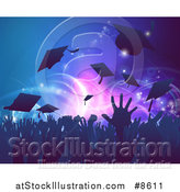 Vector Illustration of a Silhouetted Graduation Crowd Tossing up Their Mortar Board Caps Against Party Lights by AtStockIllustration
