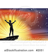 Vector Illustration of a Silhouetted Joyous Man Against a Glorious Sky by AtStockIllustration