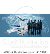 Vector Illustration of a Silhouetted Logistics Business Team Standing over a Map with a Plane, Truck, Train and Ship by AtStockIllustration