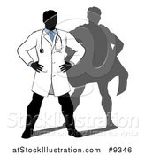 Vector Illustration of a Silhouetted Male Doctor Standing with His Hands on His Hips, a Super Hero Shadow Behind Him by AtStockIllustration