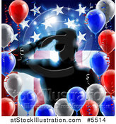Vector Illustration of a Silhouetted Male Military Veteran Saluting over an American Flag and Balloons by AtStockIllustration