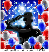 Vector Illustration of a Silhouetted Male Military Veteran Saluting over an American Flag and Balloons by AtStockIllustration