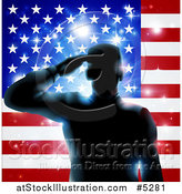 Vector Illustration of a Silhouetted Male Military Veteran Saluting over an American Flag and Bursts by AtStockIllustration