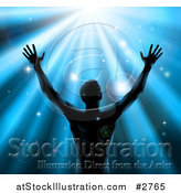 Vector Illustration of a Silhouetted Man Holding up His Arm Under Blue Rays by AtStockIllustration