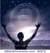 Vector Illustration of a Silhouetted Man in Worship, Holding His Arms up to a Purple Sky over Mountains by AtStockIllustration