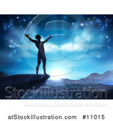 Vector Illustration of a Silhouetted Man in Worship, on a Cliff, Holding His Arms up to a Blue Sky over Mountains by AtStockIllustration