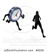 Vector Illustration of a Silhouetted Man Racing a Clock Character by AtStockIllustration