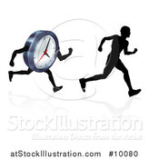 Vector Illustration of a Silhouetted Man Racing a Clock Character, with a Reflection by AtStockIllustration