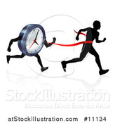 Vector Illustration of a Silhouetted Man Running Through a Finish Line Before a Clock Character by AtStockIllustration