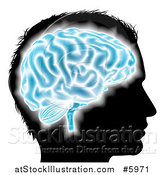 Vector Illustration of a Silhouetted Mans Head with a Glowing Blue Brain by AtStockIllustration