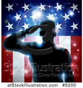 Vector Illustration of a Silhouetted Military Veteran Saluting over an American Flag and Bursts by AtStockIllustration