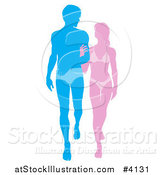 Vector Illustration of a Silhouetted Pink and Blue Beach Couple Walking Arm in Arm in Beach Wear by AtStockIllustration