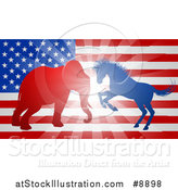 Vector Illustration of a Silhouetted Political Aggressive Democratic Donkey or Horse and Republican Elephant Battling over an American Flag and Burst by AtStockIllustration