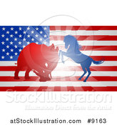 Vector Illustration of a Silhouetted Political Aggressive Democratic Donkey or Horse and Republican Elephant Battling over an American Flag and Burst by AtStockIllustration