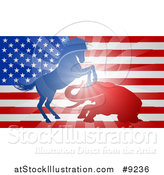 Vector Illustration of a Silhouetted Political Aggressive Democratic Donkey or Horse and Republican Elephant Battling over an American Flag and Burst by AtStockIllustration