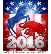 Vector Illustration of a Silhouetted Political Aggressive Democratic Donkey or Horse and Republican Elephant Battling over an American Flag and Burst by AtStockIllustration