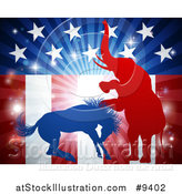Vector Illustration of a Silhouetted Political Aggressive Democratic Donkey or Horse and Republican Elephant Battling over an American Flag and Burst by AtStockIllustration