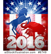 Vector Illustration of a Silhouetted Political Aggressive Democratic Donkey or Horse and Republican Elephant Fighting over a 2016 American Flag and Burst by AtStockIllustration