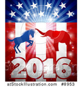 Vector Illustration of a Silhouetted Political Aggressive Democratic Donkey or Horse and Republican Elephant Fighting over a 2016 American Flag and Burst by AtStockIllustration