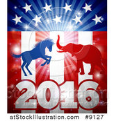 Vector Illustration of a Silhouetted Political Aggressive Democratic Donkey or Horse and Republican Elephant Fighting over a 2016 American Flag and Burst by AtStockIllustration