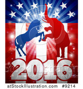 Vector Illustration of a Silhouetted Political Aggressive Democratic Donkey or Horse and Republican Elephant Fighting over a 2016 American Flag and Burst by AtStockIllustration