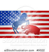 Vector Illustration of a Silhouetted Political Aggressive Democratic Donkey or Horse and Republican Elephant Fighting over a USA Flag by AtStockIllustration