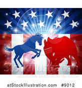 Vector Illustration of a Silhouetted Political Aggressive Democratic Donkey or Horse and Republican Elephant Fighting over American Stars and Stripes and a Burst by AtStockIllustration