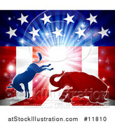 Vector Illustration of a Silhouetted Political Democratic Donkey and Republican Elephant Fighting over an American Design and Burst by AtStockIllustration