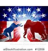 Vector Illustration of a Silhouetted Political Democratic Donkey and Republican Elephant Fighting over an American Design and Burst by AtStockIllustration