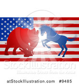 Vector Illustration of a Silhouetted Political Democratic Donkey or Horse and Republican Elephant Battling over an American Flag and Burst by AtStockIllustration