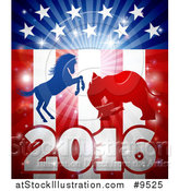 Vector Illustration of a Silhouetted Political Democratic Donkey or Horse and Republican Elephant Fighting over an American 2016 Design and Burst by AtStockIllustration