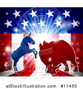 Vector Illustration of a Silhouetted Political Democratic Donkey or Horse and Republican Elephant Fighting over an American Design and Burst by AtStockIllustration