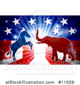 Vector Illustration of a Silhouetted Political Democratic Donkey or Horse and Republican Elephant Fighting over an American Design and Burst by AtStockIllustration