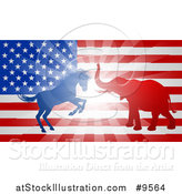 Vector Illustration of a Silhouetted Political Democratic Donkey or Horse and Republican Elephant Fighting over an American Design and Burst by AtStockIllustration