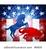 Vector Illustration of a Silhouetted Political Democratic Donkey or Horse and Republican Elephant Fighting over an American Design and Burst by AtStockIllustration