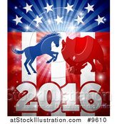 Vector Illustration of a Silhouetted Political Democratic Donkey or Horse and Republican Elephant Fighting over an American Design and Burst by AtStockIllustration