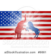 Vector Illustration of a Silhouetted Political Democratic Donkey or Horse and Republican Elephant Fighting over an American Design and Burst by AtStockIllustration