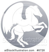 Vector Illustration of a Silhouetted Rearing Pegasus Winged Horse in a Shiny Gray Circle by AtStockIllustration