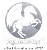 Vector Illustration of a Silhouetted Rearing Pegasus Winged Horse in a Shiny Gray Circle over Sample Text by AtStockIllustration