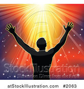 Vector Illustration of a Silhouetted Religious Man Holding His Arms up to Sunshine by AtStockIllustration