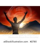 Vector Illustration of a Silhouetted Religious Man Holding His Arms up with Rays and Mountains by AtStockIllustration