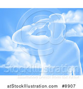 Vector Illustration of a Silhouetted Saluting Soldier over a Blue Sky and Ray Background by AtStockIllustration