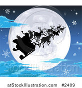 Vector Illustration of a Silhouetted Santa Sled and Reindeer Against a Full Moon on a Snowy Christmas Eve by AtStockIllustration