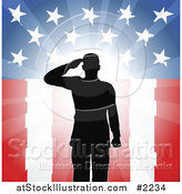 Vector Illustration of a Silhouetted Soldier Saluting over American Flag by AtStockIllustration