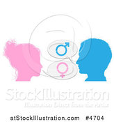 Vector Illustration of a Silhouetted Talking Man and Woman with Gender Balloons by AtStockIllustration