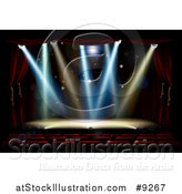 Vector Illustration of a Silhouetted Theater Audience Facing a Stage with Lights by AtStockIllustration