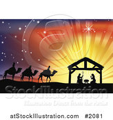 Vector Illustration of a Silhouetted Traditional Christian Nativity Scene with the Three Wise Men and the Manger Against Rays by AtStockIllustration