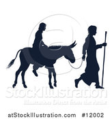 Vector Illustration of a Silhouetted Virgin Mary on a Donkey and Joseph by AtStockIllustration