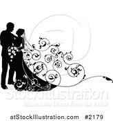 Vector Illustration of a Silhouetted Wedding Couple with a Floral Train by AtStockIllustration